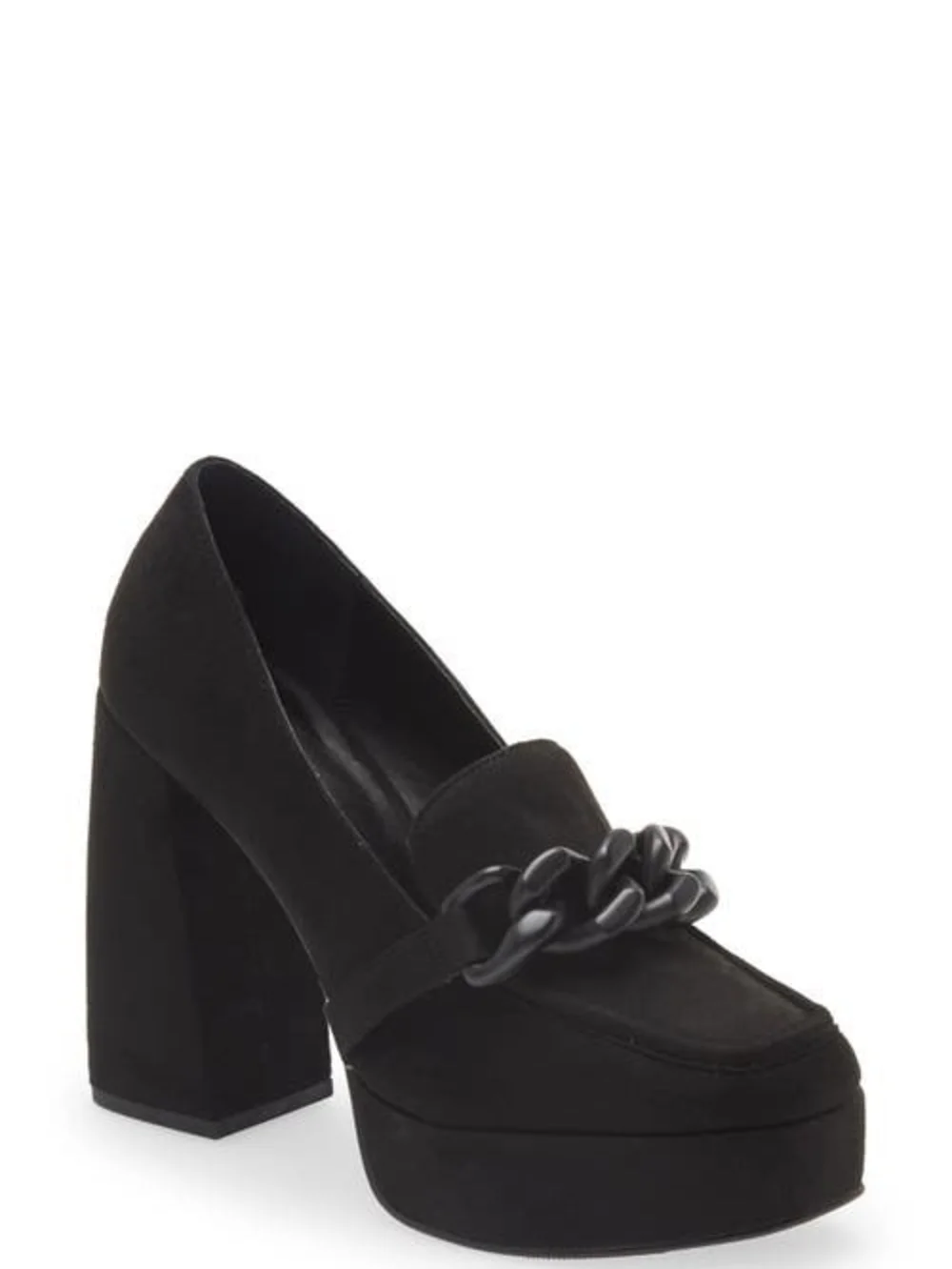 Open Edit Chunky Black Suede Platform Heels Chain Detail